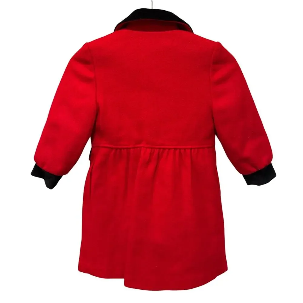 Vintage Braetan Kids Poppy Red GIrls Wool Pea‎ Coat Sz 5 Velvet Trim Made in USA